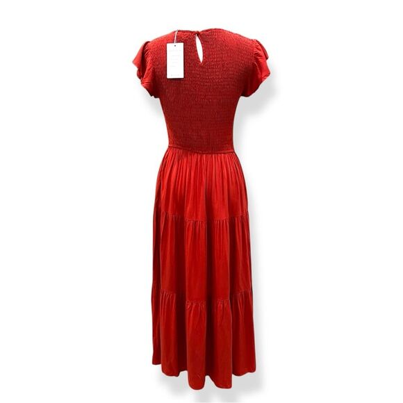 Cottagecore Smocked Tiered Midi Dress Flutter Sleeve Crewneck Rust Orange S NWT - Picture 5 of 16